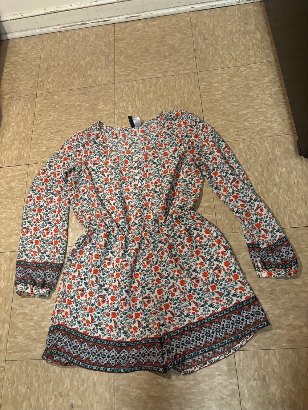 Divided Floral Long-Sleeve Mini Dress in Ivory, Coral and Green